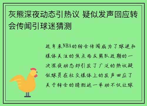 灰熊深夜动态引热议 疑似发声回应转会传闻引球迷猜测